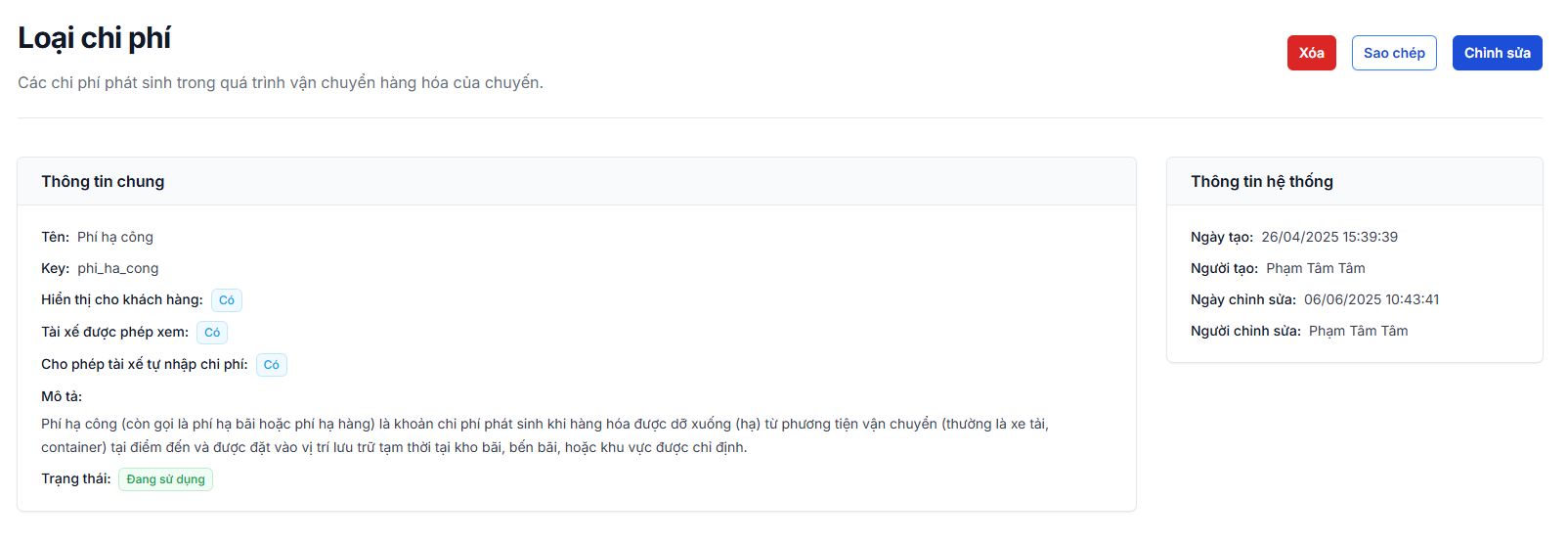 Màn hình chi tiết Loại chi phí