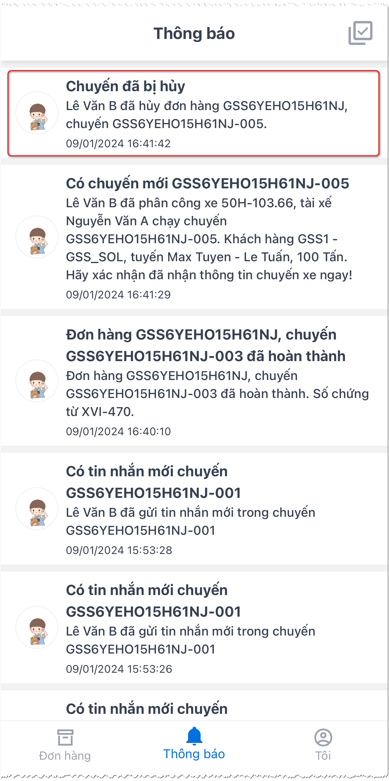 Nhấn giữ vào thông báo cần xóa