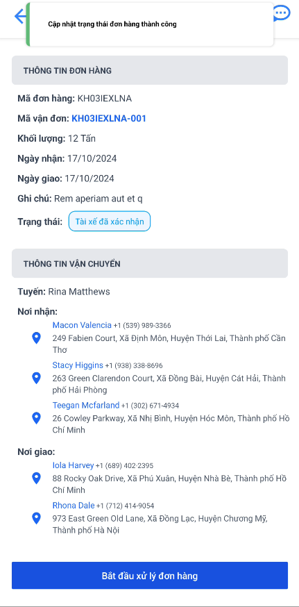 Giao diện chi tiết đơn hàng sau khi bấm Đồng ý để xác nhận