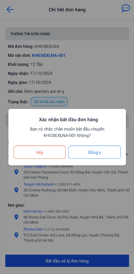 Giao diện xác nhận Bắt đầu xử lý đơn hàng
