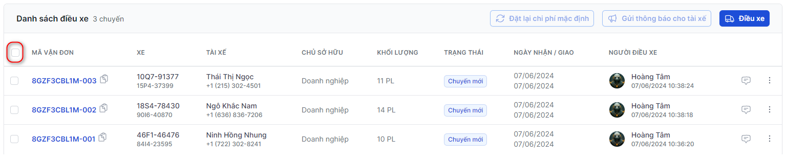Chọn xe để gửi thông báo