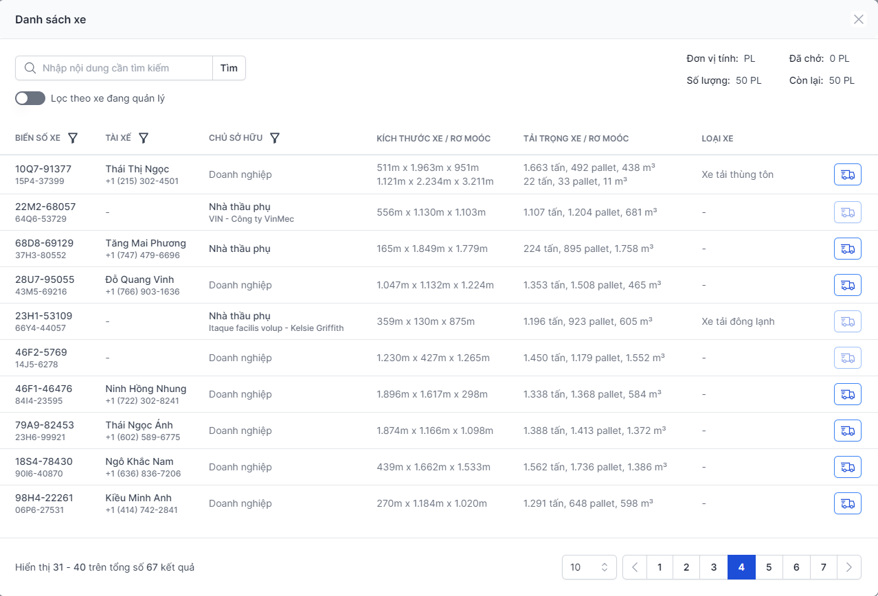 Danh sách chọn xe