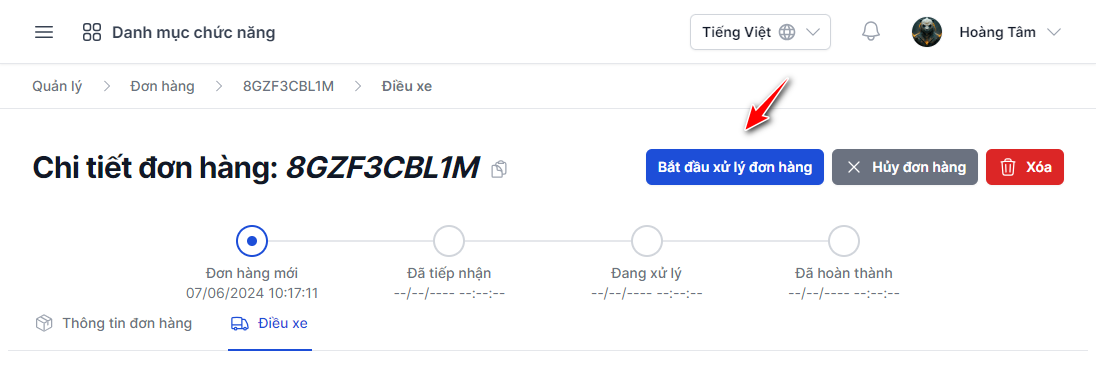 Nút bắt đầu xử lý đơn hàng